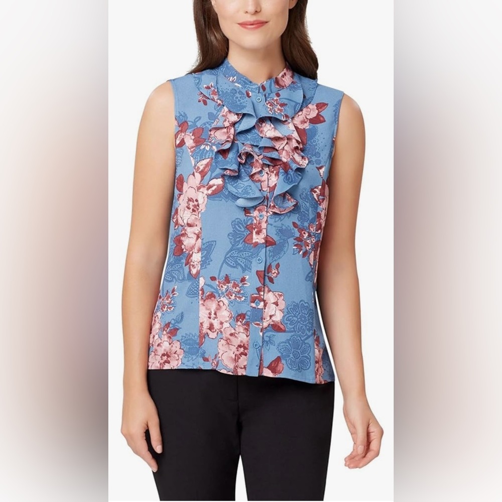 Tahari ASL Womens Floral Print Ruffled Button-Down Top- Size Small-New with Tags